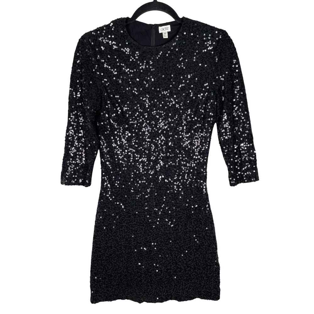 Cache Sequin Mini Dress Womens XS Black Very Good 3/4 Sleeve Bodycon Party